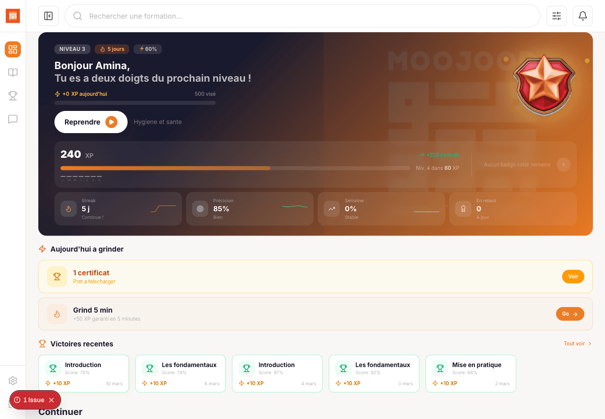 Dashboard apprenant SkillzUp avec gamification