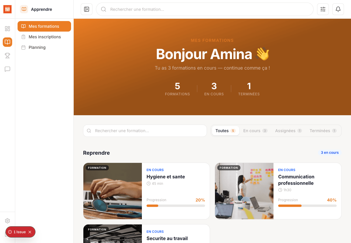 Catalogue de formations avec filtres et cartes de cours