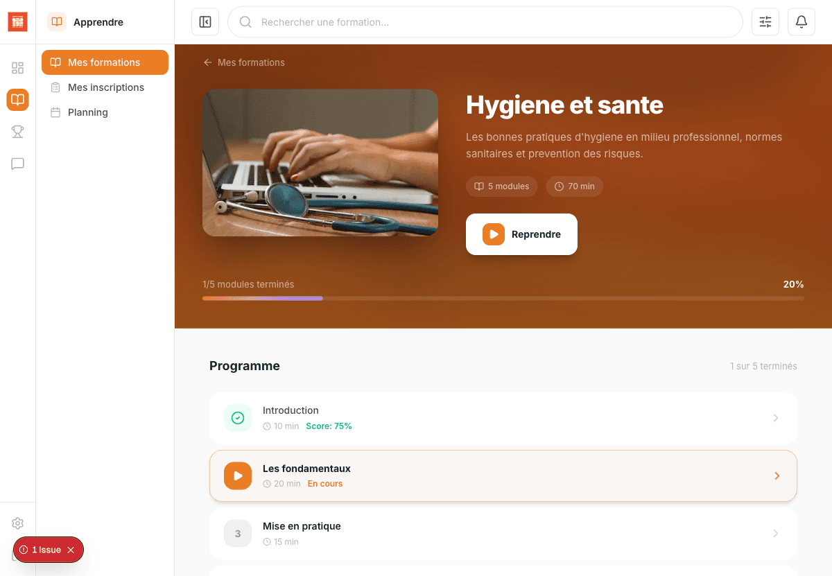 Detail d'un cours avec liste des modules