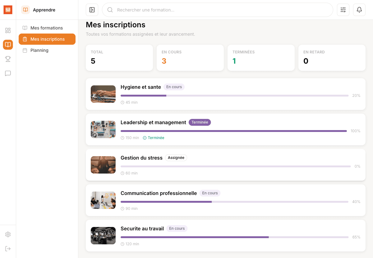 Inscriptions avec barres de progression par formation