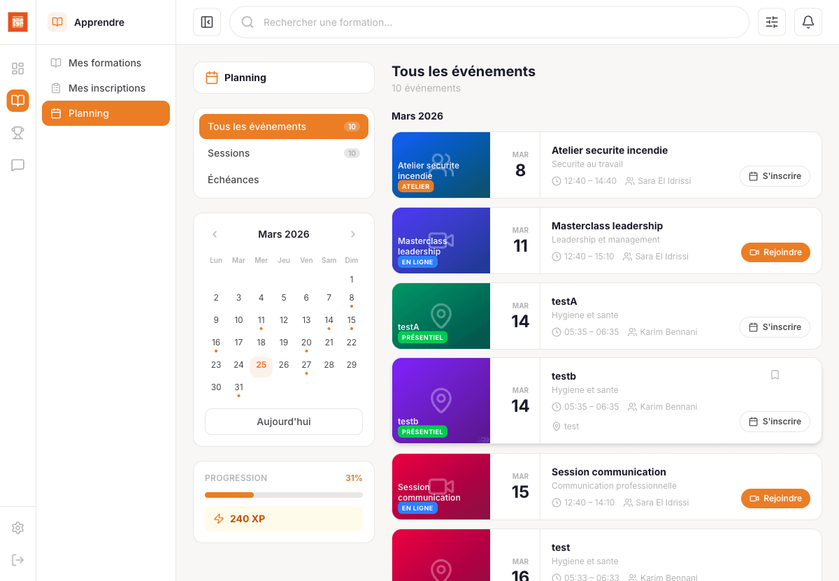 Planning des sessions avec calendrier et evenements