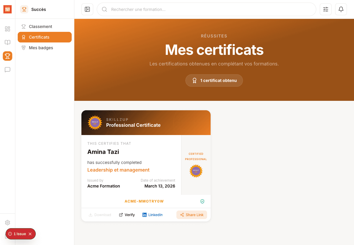 Certificat professionnel SkillzUp avec code de verification