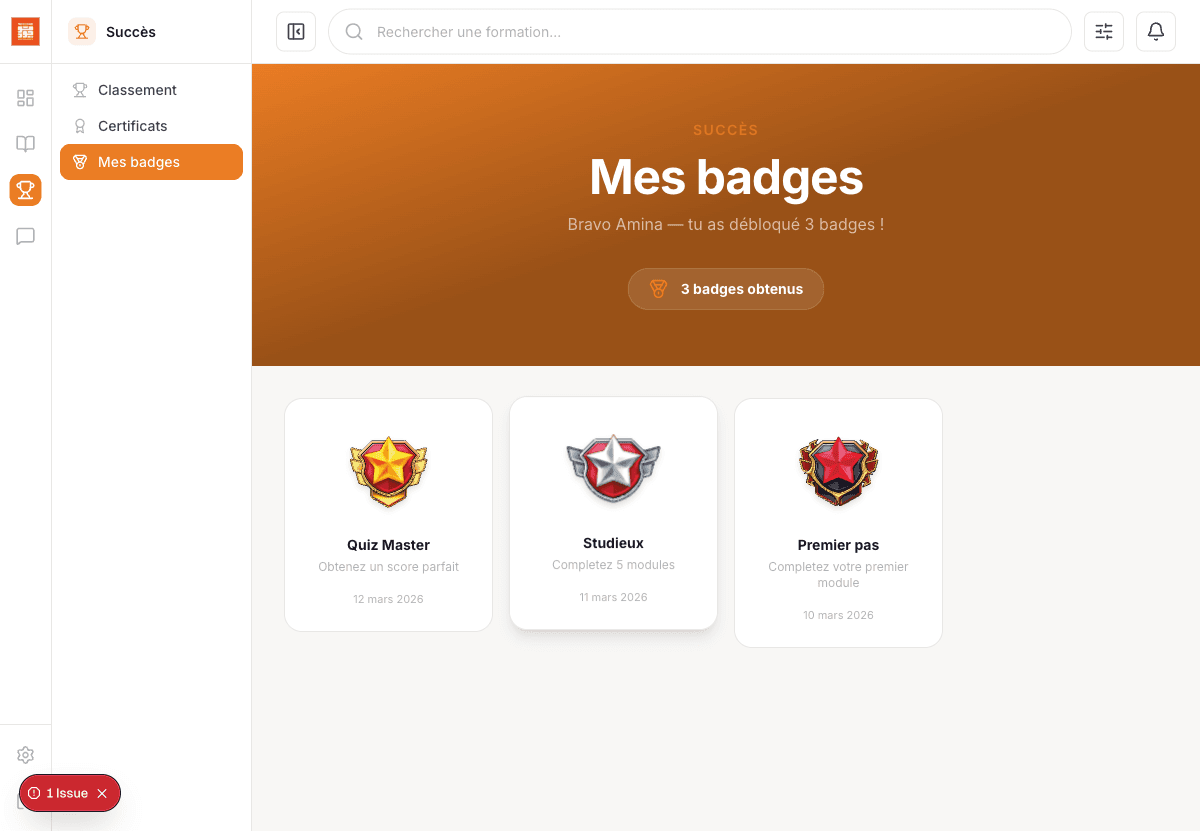 Page des badges avec Quiz Master, Studieux et Premier pas