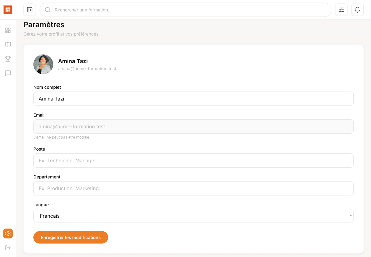 Page parametres de l'organisation SkillzUp