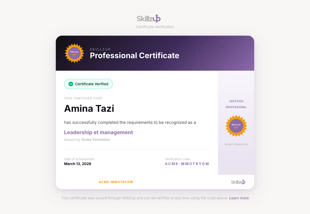 Page de verification de certificat avec badge Certificate Verified